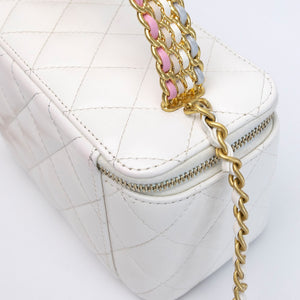 CHANEL TOP HANDLE LONG VANITY CASE WITH CHAIN WHITE LAMBSKIN GHW