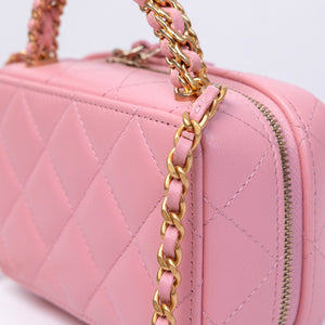 CHANEL CC CHAIN HANDLE ZIP AROUND VANITY MINI CASE PINK LAMBSKIN GHW