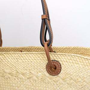 LOEWE MEDIUM ANAGRAM BASKET TOTE BAG IN IRACA PALM AND CALFSKIN NATURAL / TAN