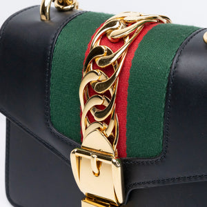 GUCCI MINI SYLVIE CHAIN BAG BLACK CALFSKIN GHW