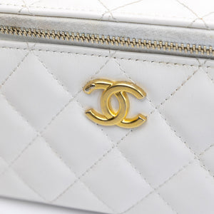 CHANEL TOP HANDLE LONG VANITY CASE WITH CHAIN WHITE LAMBSKIN GHW