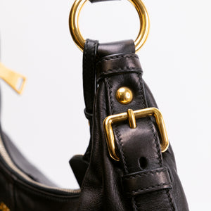 PRADA BLACK VITELLO DAINO LEATHER ZIP TOP HOBO BAG GHW