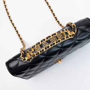 CHANEL LETTER LOGO TOP HANDLE WALLET ON CHAIN LAMBSKIN BLACK GHW (MICROCHIP)
