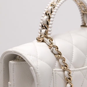 CHANEL TOP HANDLE WALLET ON CHAIN WHITE LAMBSKIN LEATHER GHW (MICROCHIP)