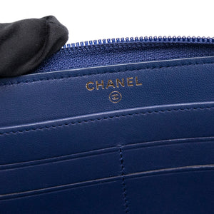 CHANEL SMALL BOY ZIP AROUND CONTINENTAL WALLET BLUE QUILTED CALFSKIN GHW