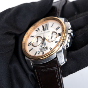 CARTIER CALIBRE DE CARTIER 42MM CHRONOGRAPH STAINLESS STEEL WATCH 18K ROSE GOLD