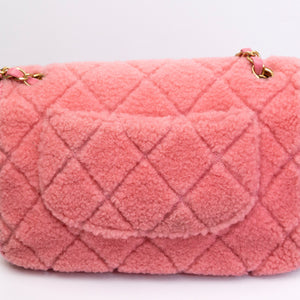 CHANEL QUILTED SHEARLING & TWEED MEDIUM FLAP BAG PINK GHW
