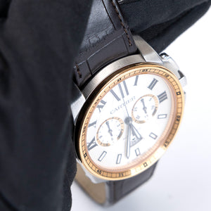 CARTIER CALIBRE DE CARTIER 42MM CHRONOGRAPH STAINLESS STEEL WATCH 18K ROSE GOLD