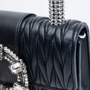 MIUMIU CRYSTAL MATELASSE LEATHER TOP HANDLE BAG BLACK SHW