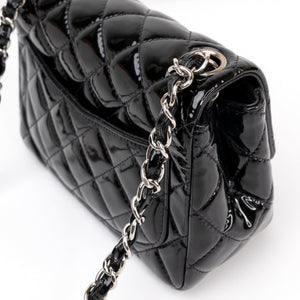 CHANEL MINI SQUARE FLAP BAG BLACK PATENT LEATHER SHW (MICROCHIP)