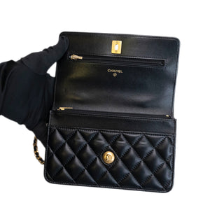 CHANEL LETTER LOGO TOP HANDLE WALLET ON CHAIN LAMBSKIN BLACK GHW (MICROCHIP)