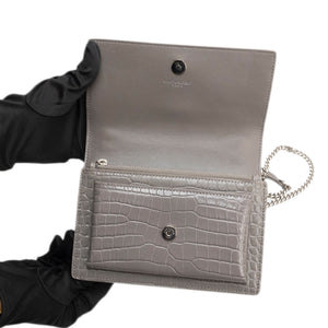 SAINT LAURENT MINI SUNSET BAG GRAY CROCODILE-EMBOSSED CALFSKIN LEATHER SHW
