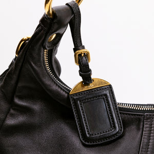 PRADA BLACK VITELLO DAINO LEATHER ZIP TOP HOBO BAG GHW