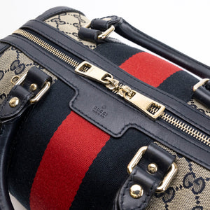 GUCCI MONOGRAM VINTAGE WEB BOSTON BAG NAVY GG CANVAS GHW