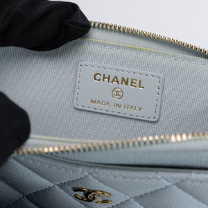 CHANEL CLASSIC ZIPPED CARD HLDER QUILTED GRAINED CALFSKIN LIGHT BLUE GHW