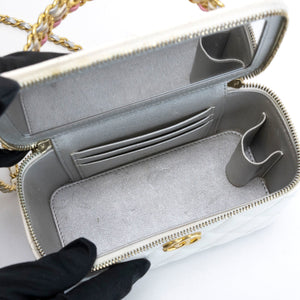 CHANEL TOP HANDLE LONG VANITY CASE WITH CHAIN WHITE LAMBSKIN GHW