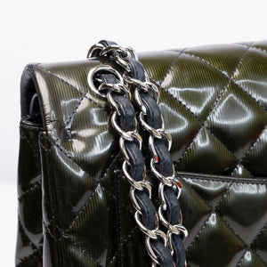 CHANEL MAXI CLASSIC DOUBLE FLAP BAG OLIVE GREEN QUILTED PATENT LEATHER SHW