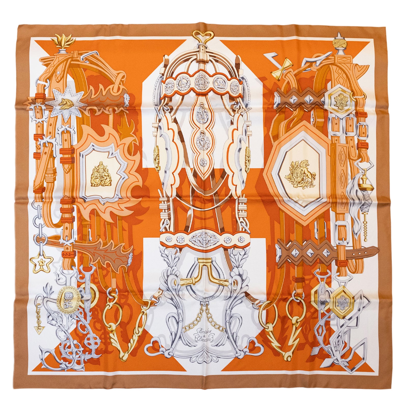 HERMES BRIDES ET DESTIN SILK SCARF ORANGE 90 CM