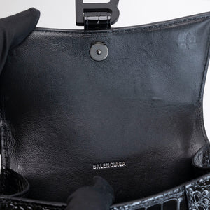 BALENCIAGA HOURGLASS BAG XS CROC-EMBOSSED CALFSKIN SO BLACK
