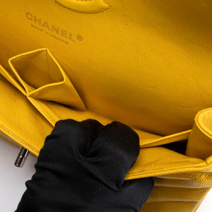 CHANEL MEDIUM CLASSIC CHEVRON DOUBLE FLAP BAG YELLOW CAVIAR SHW