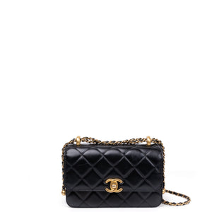CHANEL GOLD CRUSH MINI FLAP BAG BLACK CALFSKIN LEATHER GHW (MICROCHIP)
