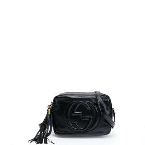 GUCCI SOHO DISCO CAMERA BAG PATENT LEATHER BLACK LGHW
