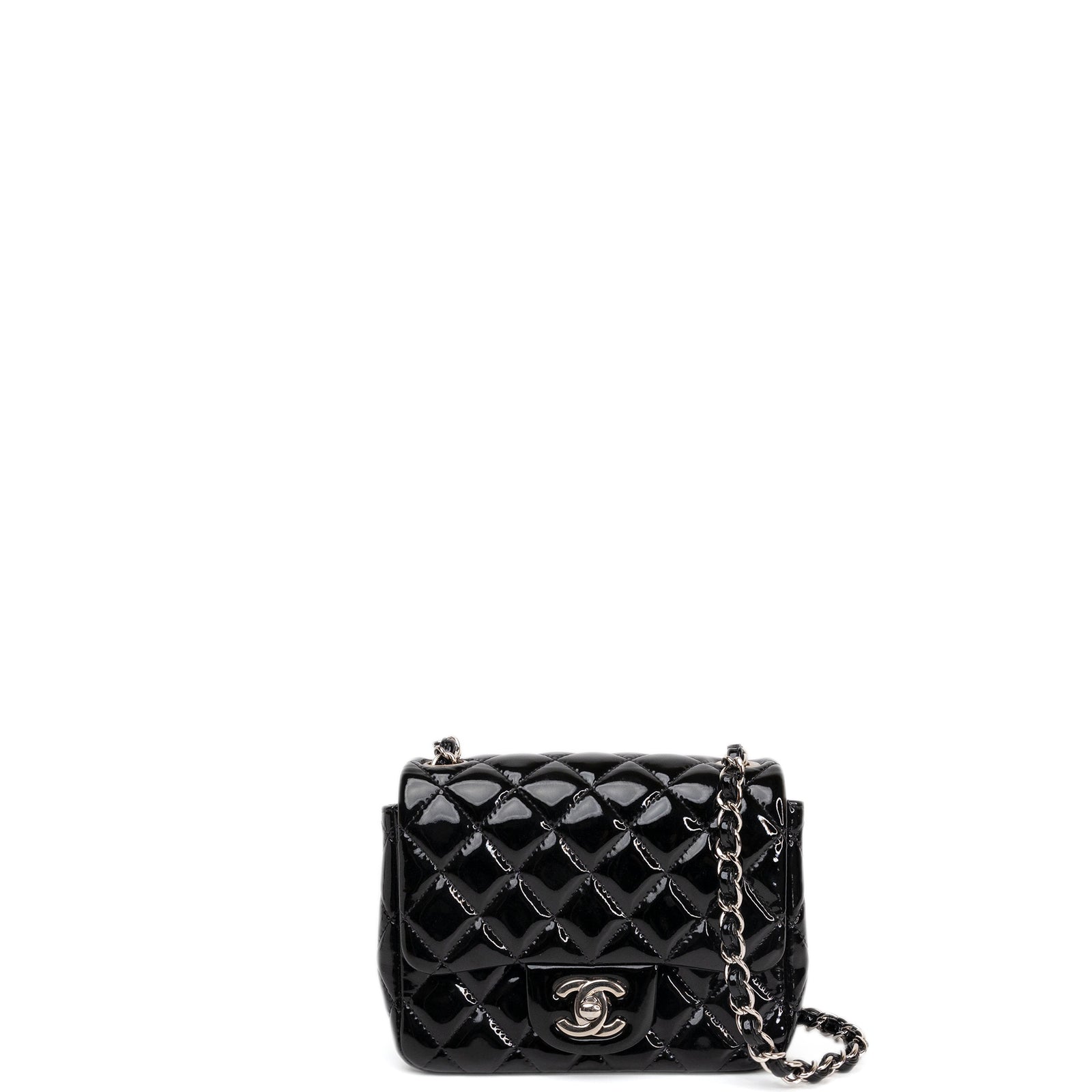 CHANEL MINI SQUARE FLAP BAG BLACK PATENT LEATHER SHW (MICROCHIP)