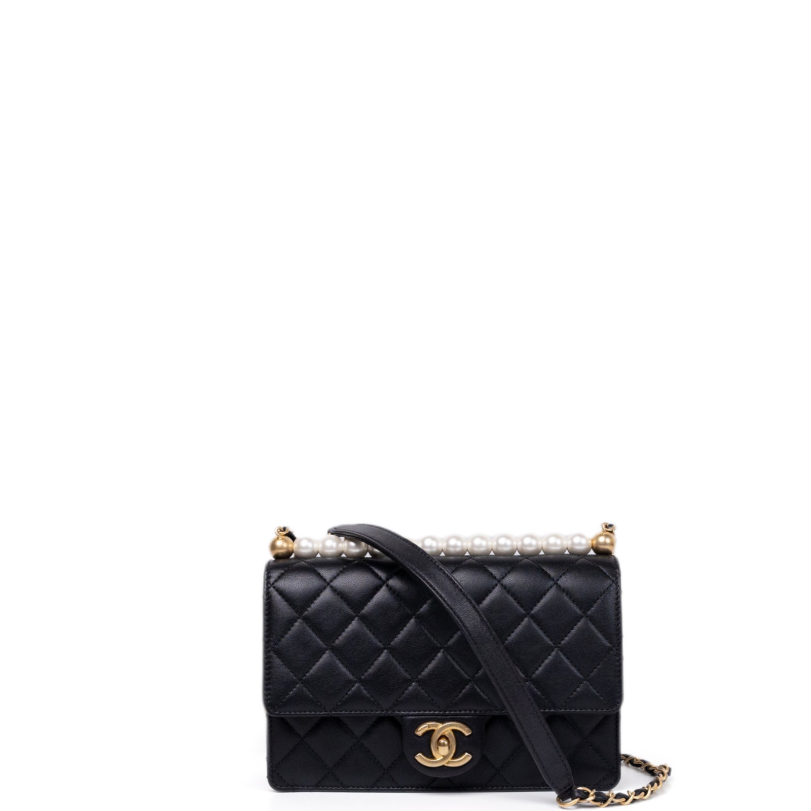 CHANEL PEARL FLAP BAG BLACK GOATSKIN GHW