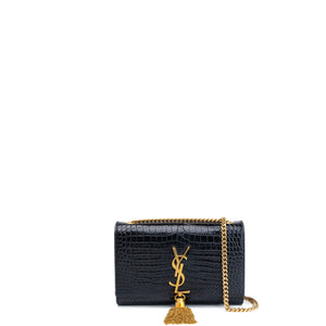 SAINT LAURENT SMALL KATE BAG WITH TASSEL CROC-EMBOSSED LEATHER BLACK GHW