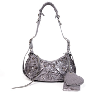 BALENCIAGA LE CAGOLE XS SHOULDER BAG ARENA CRACKED LAMBSKIN GREY SHW