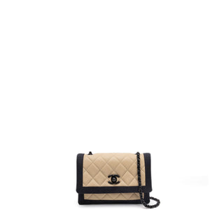 CHANEL SMALL QUILTED LAMBSKIN GROSGRAIN TWO TONE FLAP SHOULDER BAG TAN BLACK HARDWARE