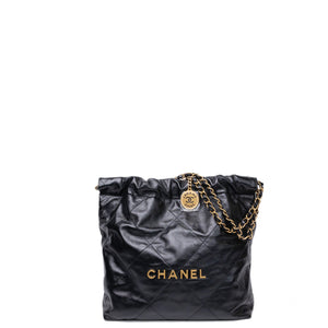 CHANEL SMALL 22 BAG BLACK SHINY CALFSKIN LEATHER GHW (MICROCHIP)