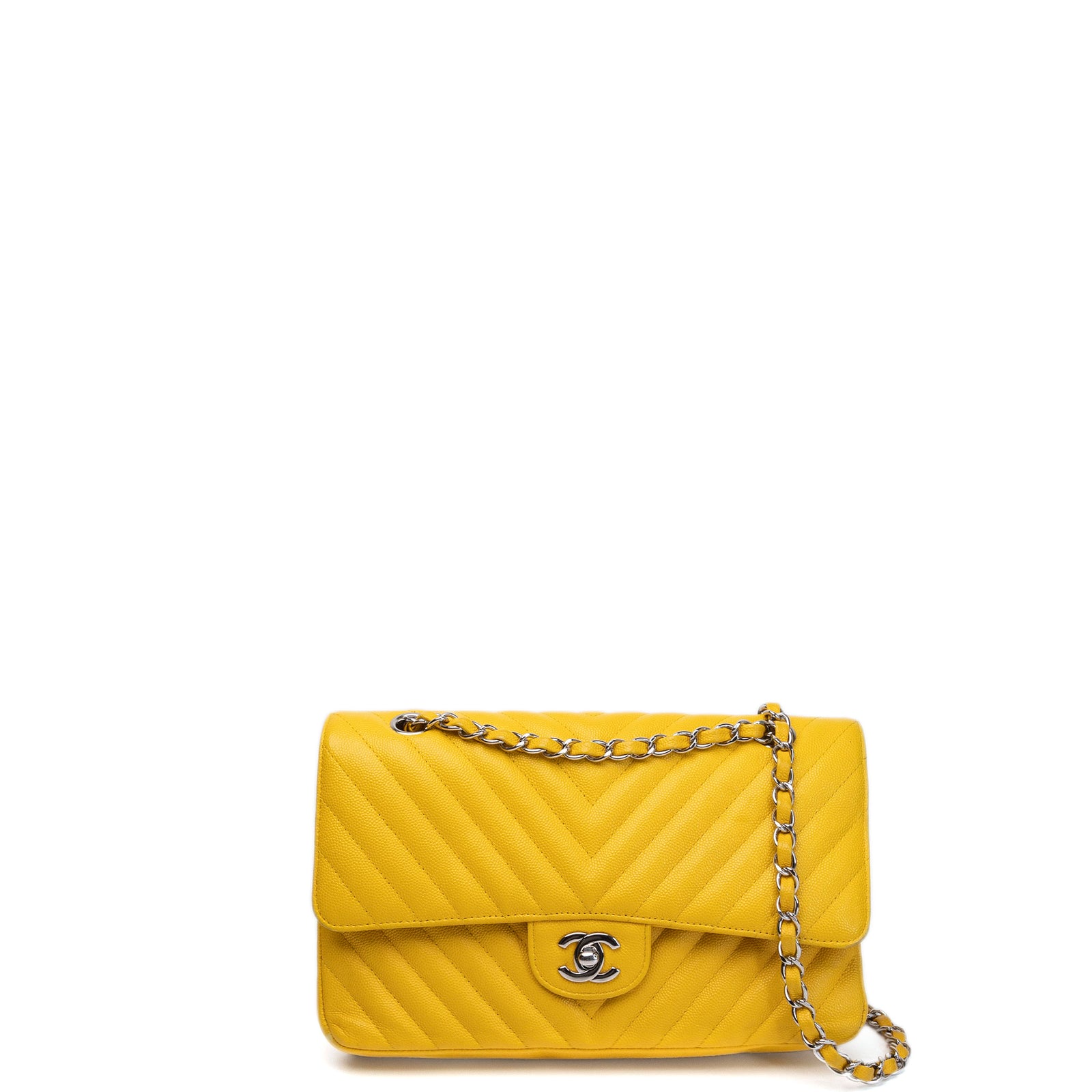 CHANEL MEDIUM CLASSIC CHEVRON DOUBLE FLAP BAG YELLOW CAVIAR SHW
