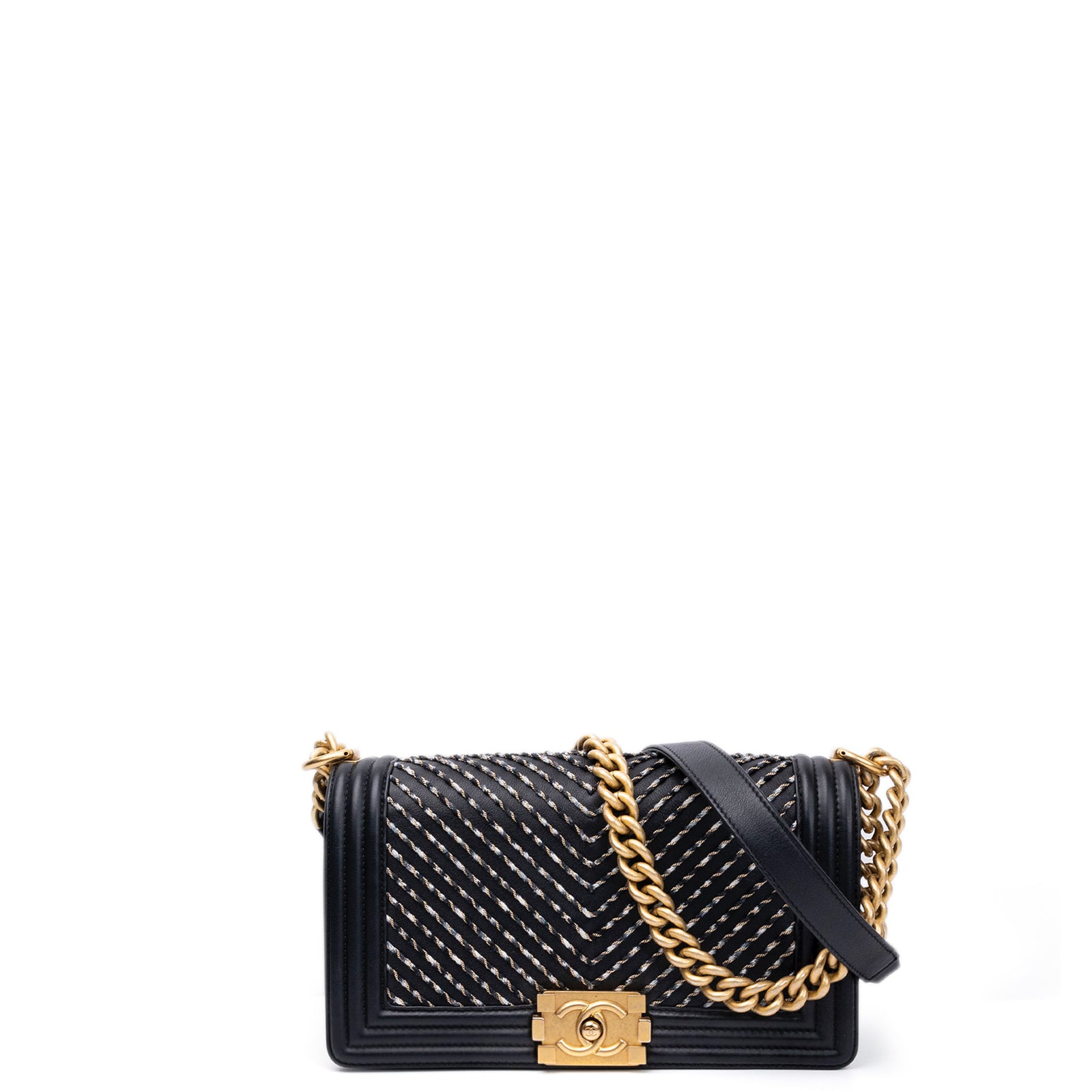 CHANEL MEDIUM LE BOY BRAIDED CHAIN BAG BLACK CALFSKIN LEATHER GHW
