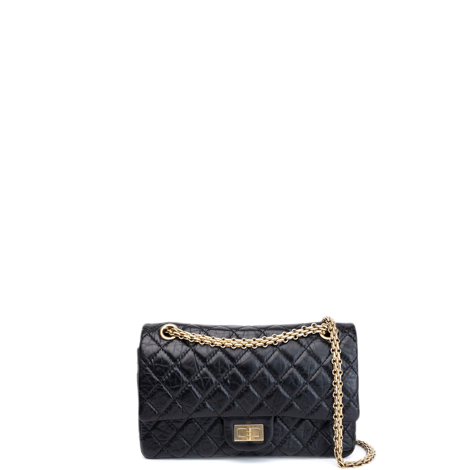 CHANEL SMALL 2.55 REISSUE DOUBLE FLAP BAG AGED CALFSKIN BLACK GHW