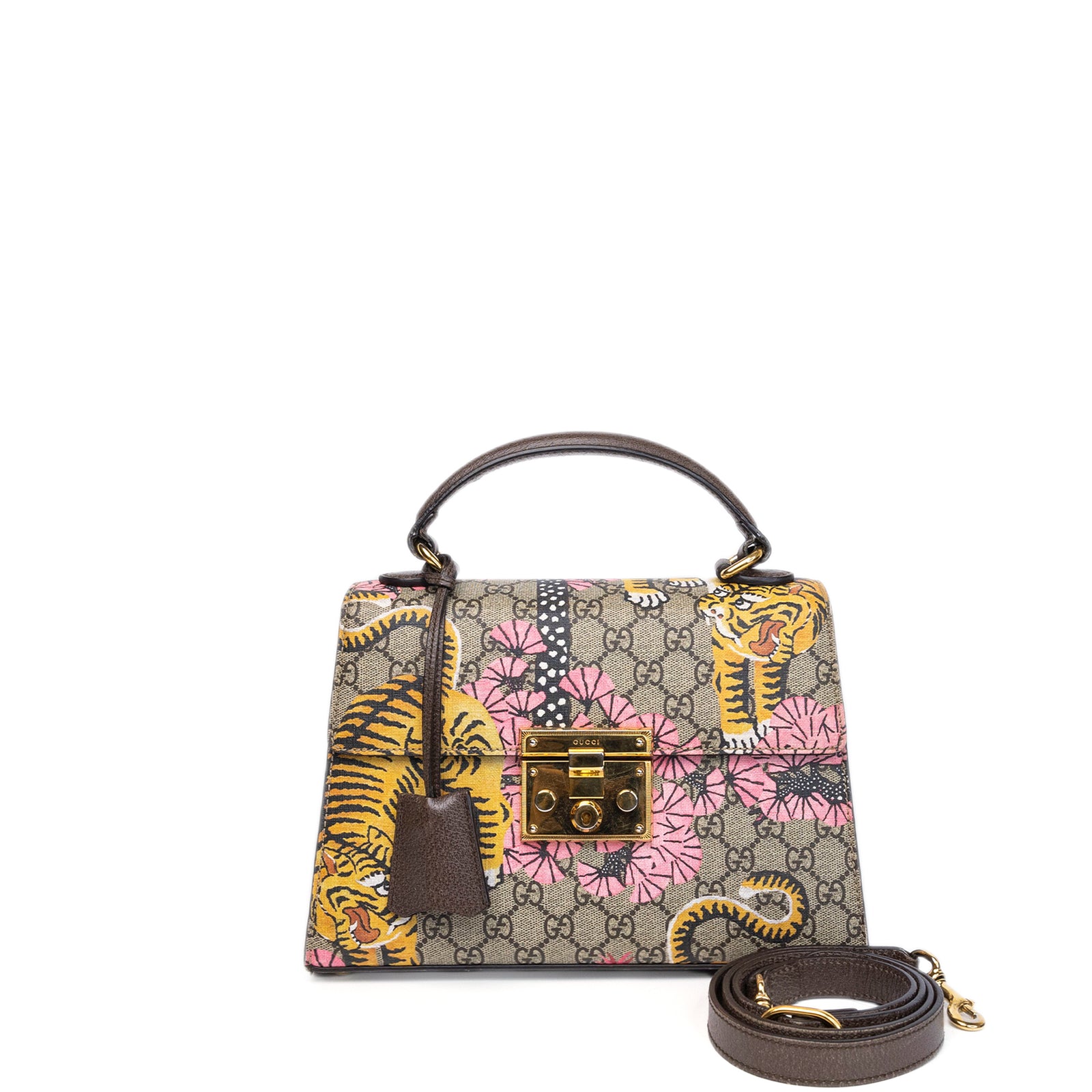 GUCCI GG SUPREME MONOGRAM BENGAL SMALL PADLOCK TOP HANDLE BAG BEIGE PINK GHW