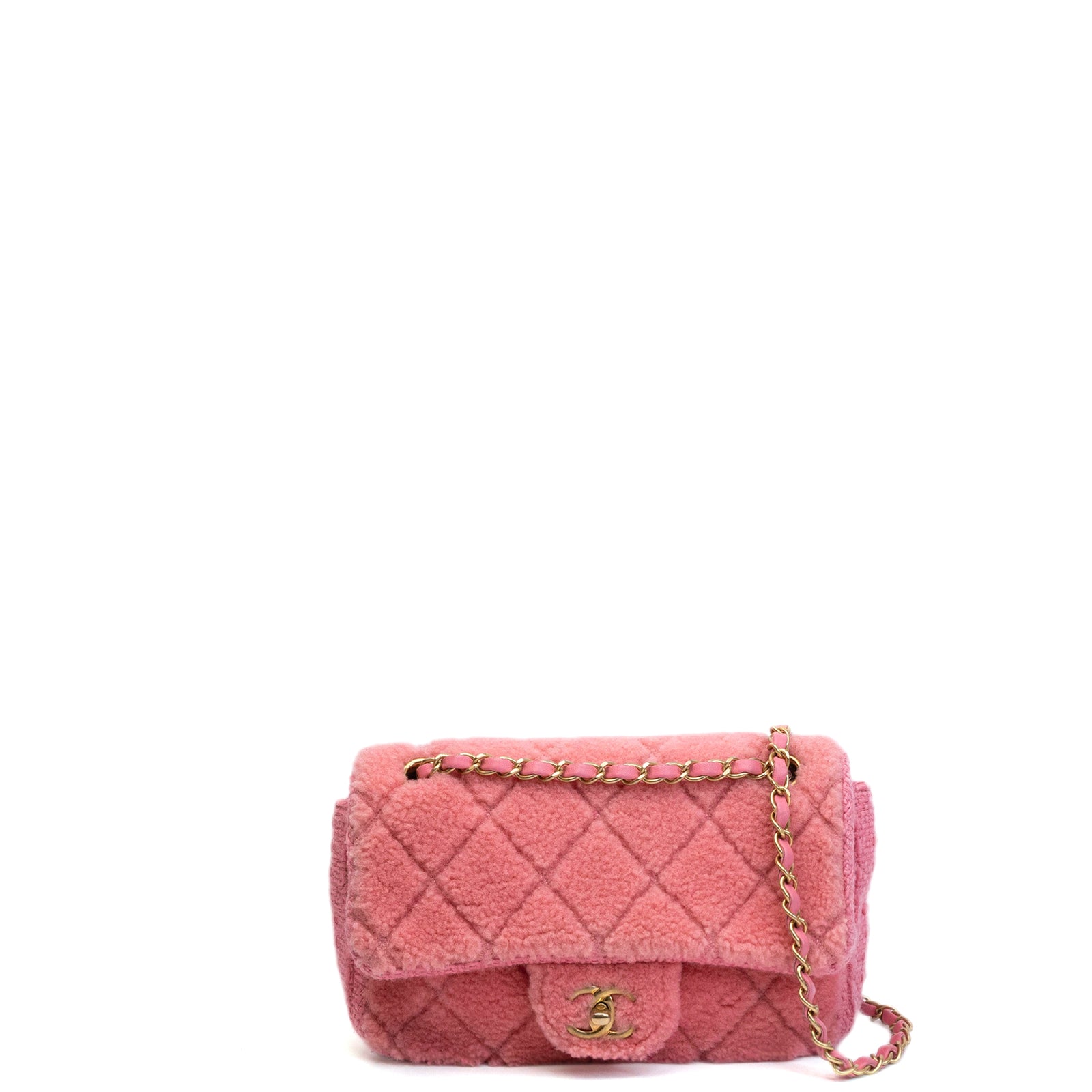 CHANEL QUILTED SHEARLING & TWEED MEDIUM FLAP BAG PINK GHW