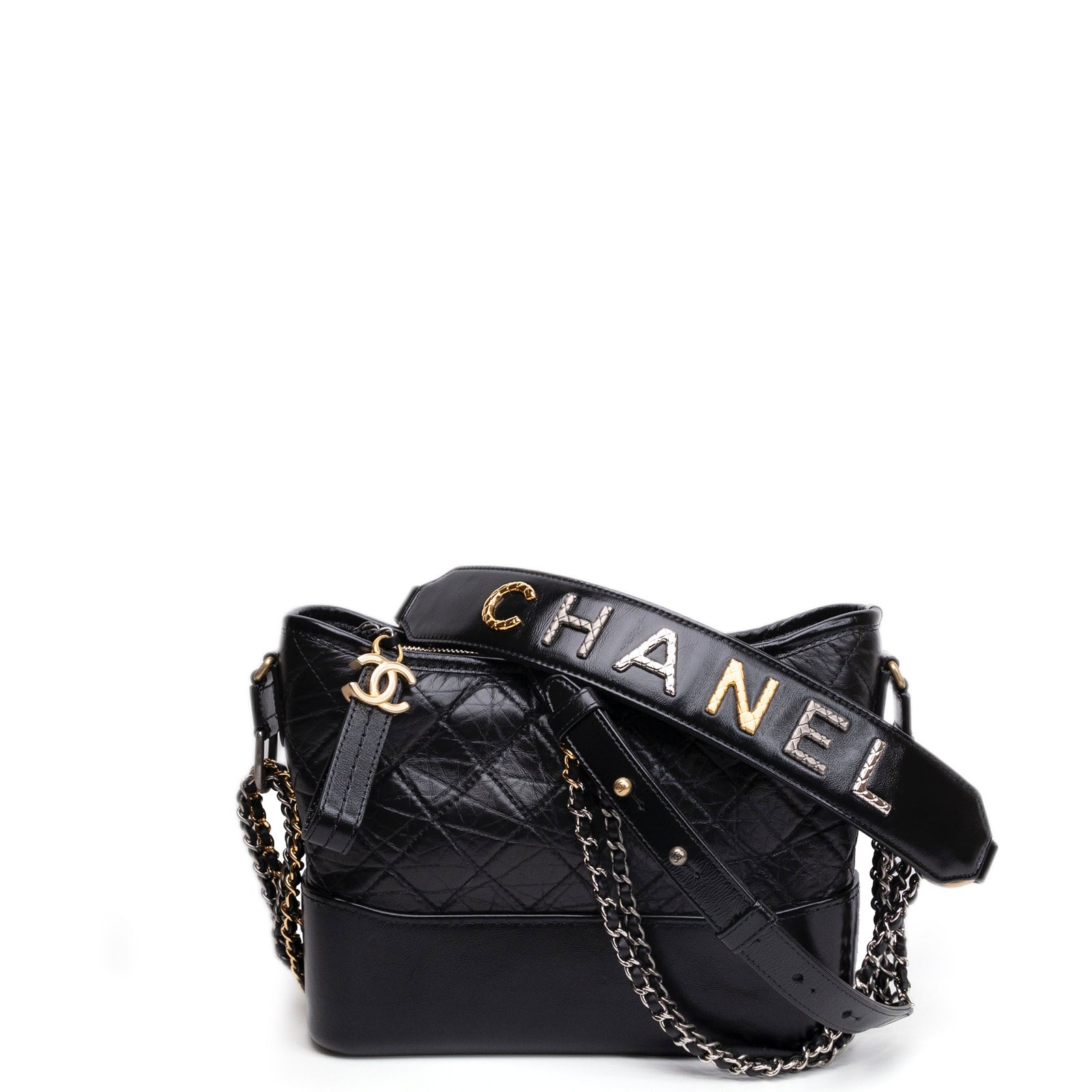 CHANEL MEDIUM GABRIELLE HOBO BAG BLACK CALFSKIN LEATHER GOLD / SILVER TONE