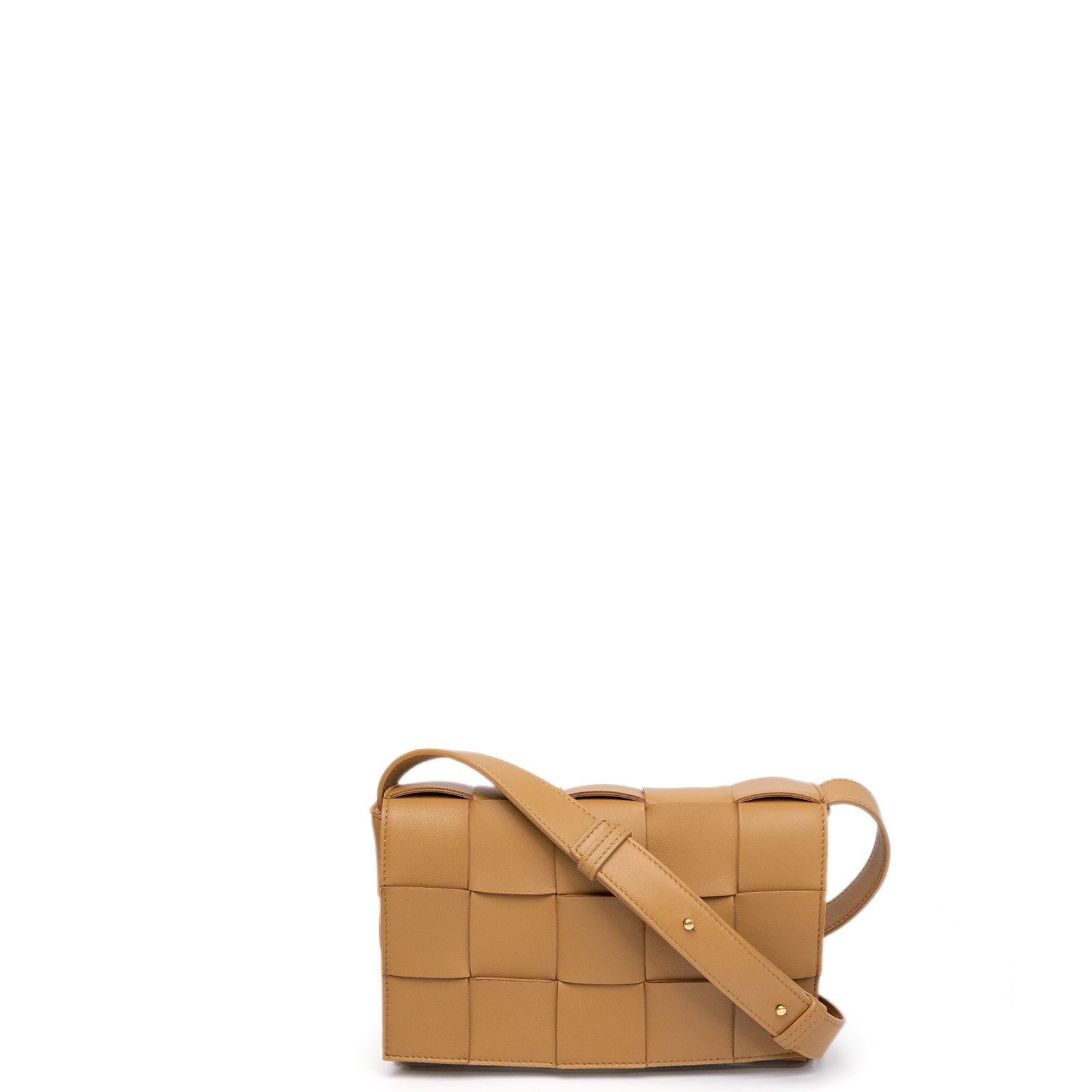 BOTTEGA VENETA TAN INTRECCIATO LEATHER CASSETTE CROSSBODY BAG GHW