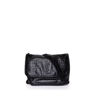SAINT LAURENT MEDIUM NIKI BAG CROCODILE-EMBOSSED BLACK CALFSKIN BLACK HARDWARE