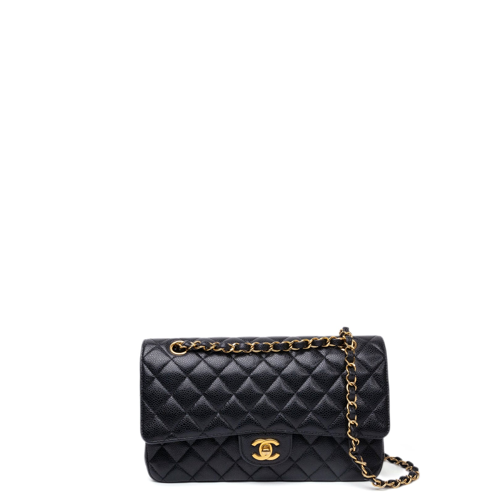 CHANEL MEDIUM CLASSIC DOUBLE FLAP BAG BLACK CAVIAR LEATHER GHW (MICROCHIP)