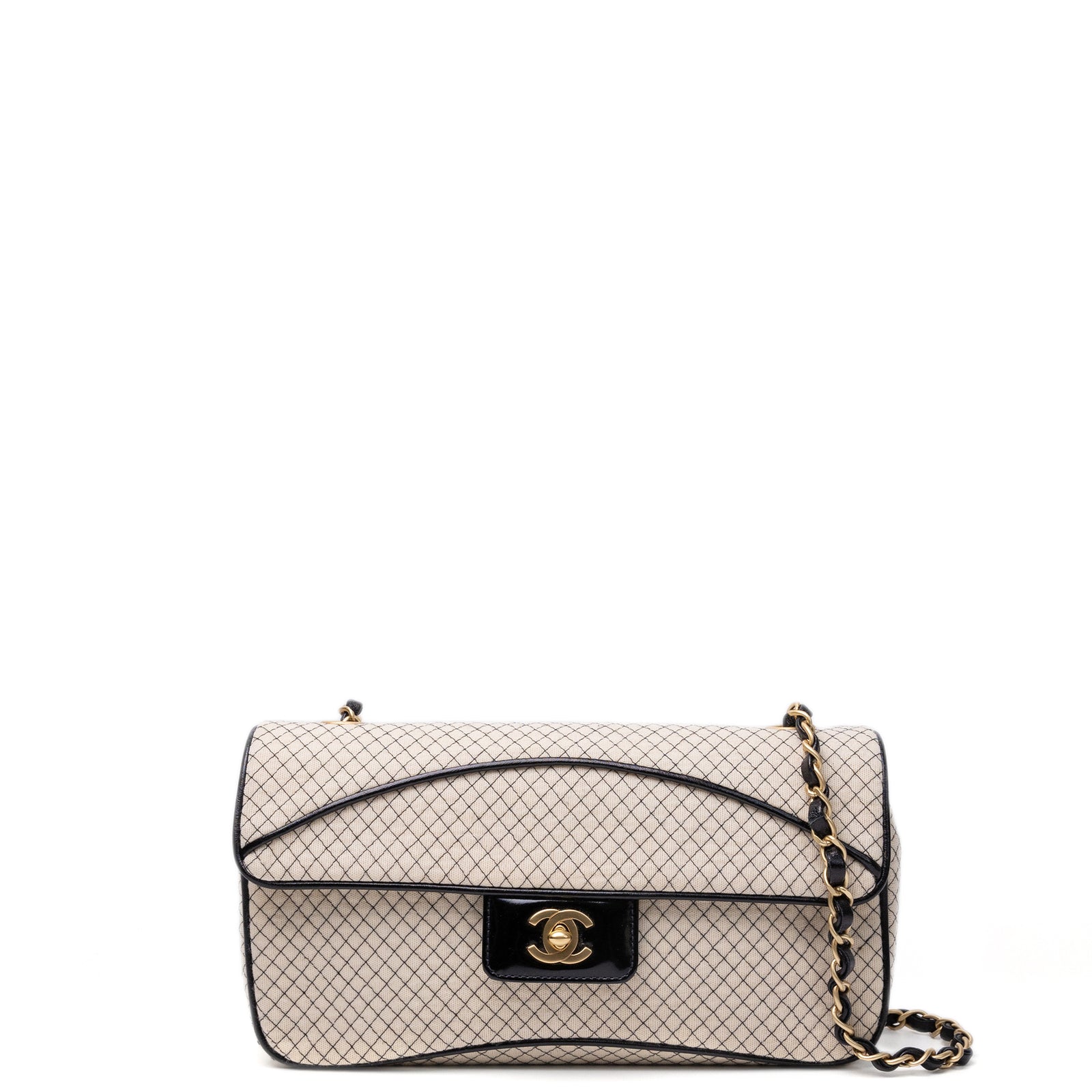CHANEL EAST WEST JERSEY FLAP BAG BEIGE FABRIC GHW