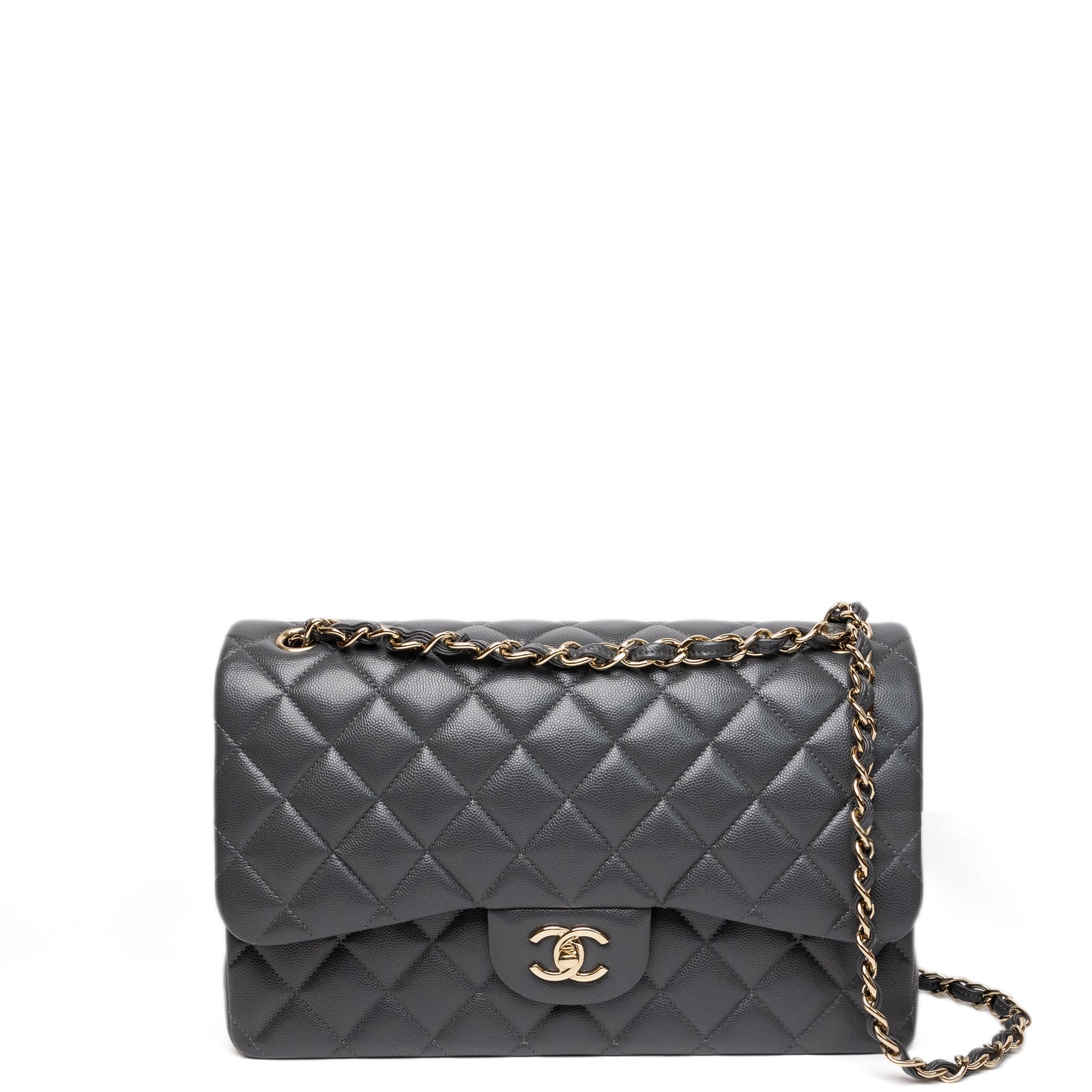CHANEL JUMBO CLASSIC DOUBLE FLAP BAG GREY CAVIAR LEATHER SHW (MICROCHIP)