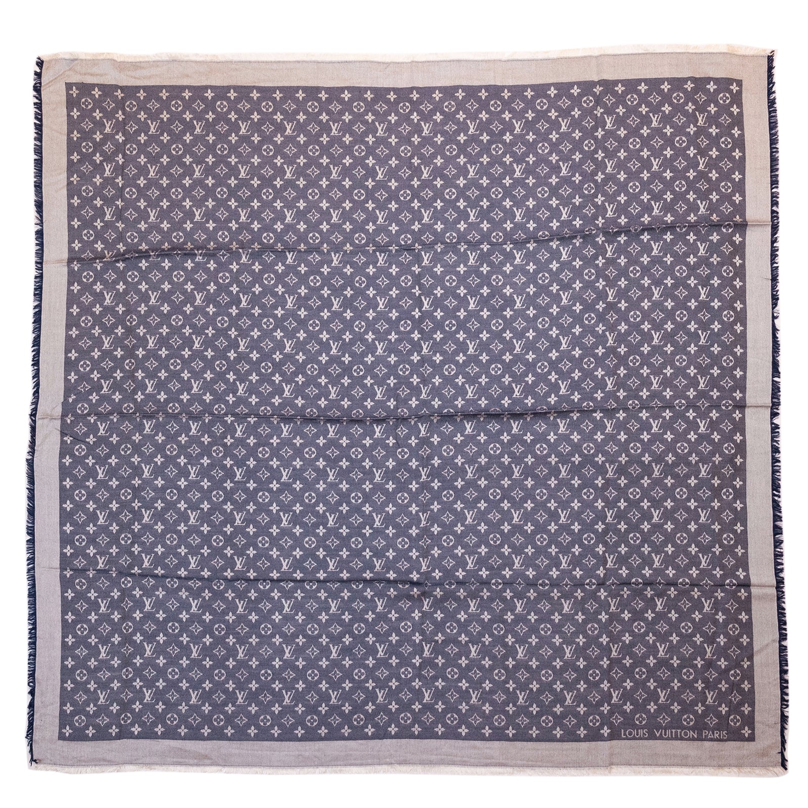 LOUIS VUITTON SILK WOOL MONOGRAM DENIM SHAWL PEARL GREY