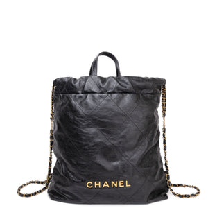 CHANEL LARGE 22 BACKPACK GOLD LETTER LOGO SHINY CALFSKIN BLACK GHW (MICROCHIP)