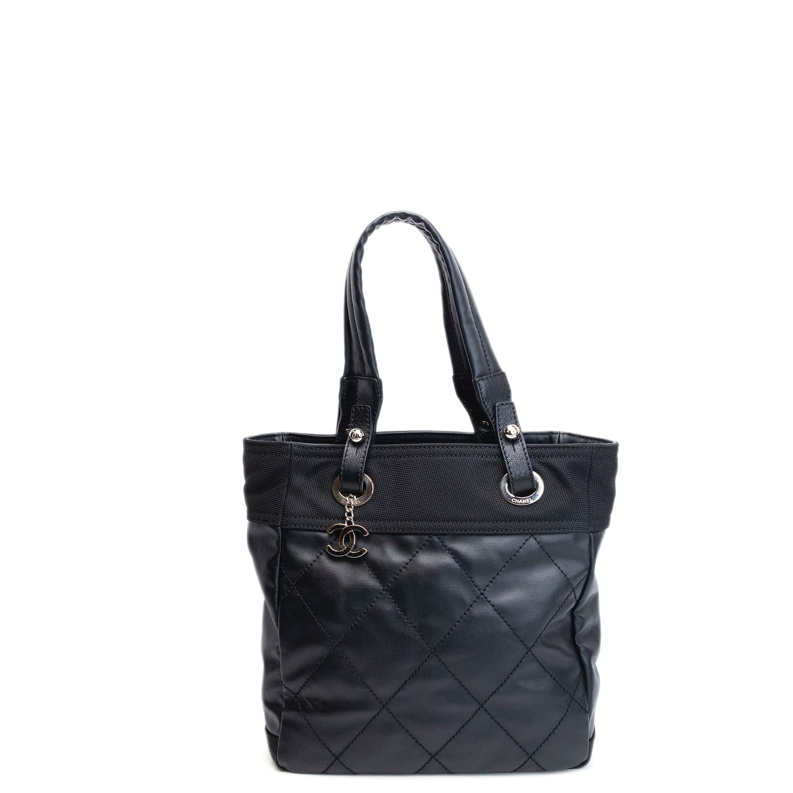 CHANEL SMALL QUILTED COATED CANVAS PARIS BIARRITZ TOTE BAG BLACK SHW