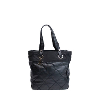 CHANEL SMALL QUILTED COATED CANVAS PARIS BIARRITZ TOTE BAG BLACK SHW
