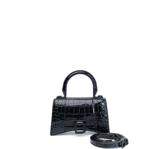 BALENCIAGA HOURGLASS BAG XS CROC-EMBOSSED CALFSKIN SO BLACK