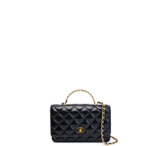 CHANEL LETTER LOGO TOP HANDLE WALLET ON CHAIN LAMBSKIN BLACK GHW (MICROCHIP)
