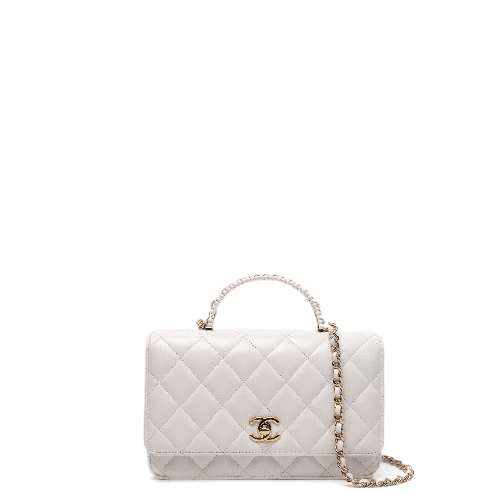 CHANEL TOP HANDLE WALLET ON CHAIN WHITE LAMBSKIN LEATHER GHW (MICROCHIP)